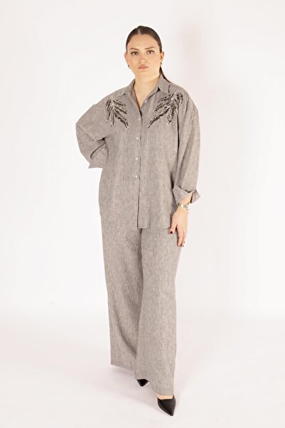 Bedrinxxl Kadın Büyük Beden Gömlek Pantolon çınar takım