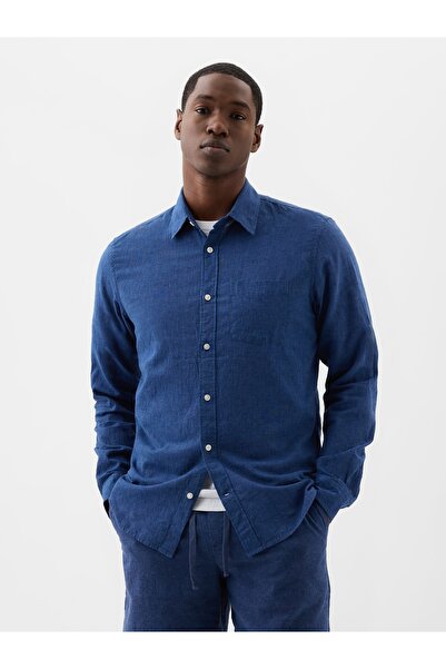 GAP Erkek Koyu Mavi Keten Karışımlı Standart Fit Gömlek