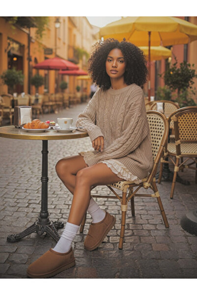 NİLZA Pulover tricotat oversize bej cu gât rotund
