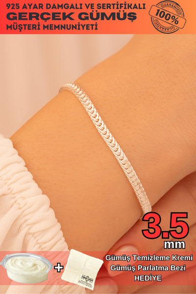 OSMANLI GÜMÜŞ Kadın Gümüş Bileklik - 3.5mm Yassı Beyaz Tilki Kuyruğu Zincir G...