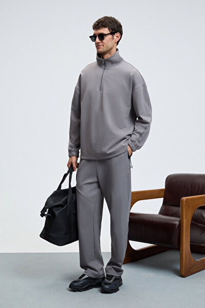 GRIMELANGE EDISON Erkek Yarım Fermuarlı Kolu Baskılı Dik Yaka Koyu Gri Sweatshirt