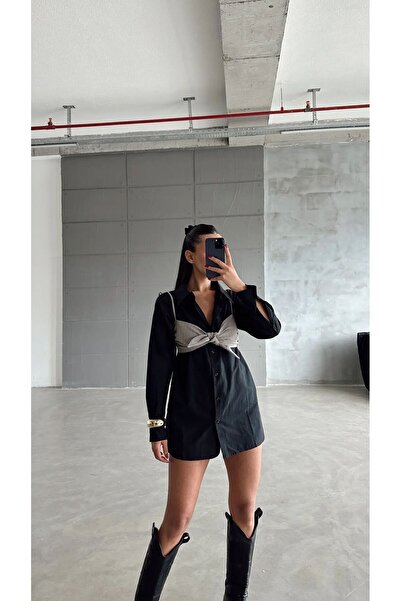 mydukkan.co Costum cămașă cu bustieră dublă Sally negru-gri