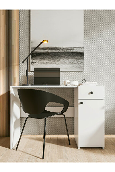 MONTENERO Çalışma Masası Parlak Beyaz Çekmeceli Bilgisayar Masası Dolaplı Masa