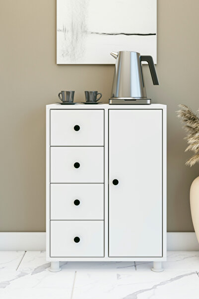 MONTENERO Çok Amaçlı Dolap Sebzelik Parlak Beyaz Dolap Banyo Mutfak 4 Çekmeceli Raflı Kapaklı Dolap