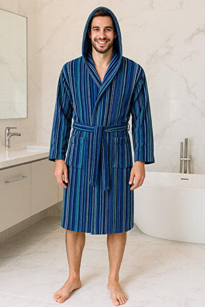 Lucy and Home Чоловічий оксамитовий халат з 100% бавовняної пряжі в смужку