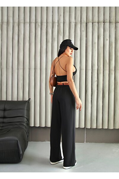 alanora Kadın Beli Lastikli Kemerli Dökümlü Salaş Palazzo Kumaş Pantolon