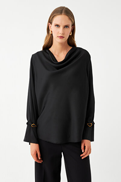 NAGRADA Siyah Kadın Bluz – Drapeli Yaka Uzun Kollu