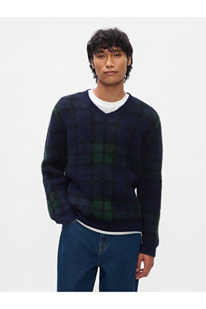 GAP Erkek Koyu Mavi Ekose V Yaka Kazak