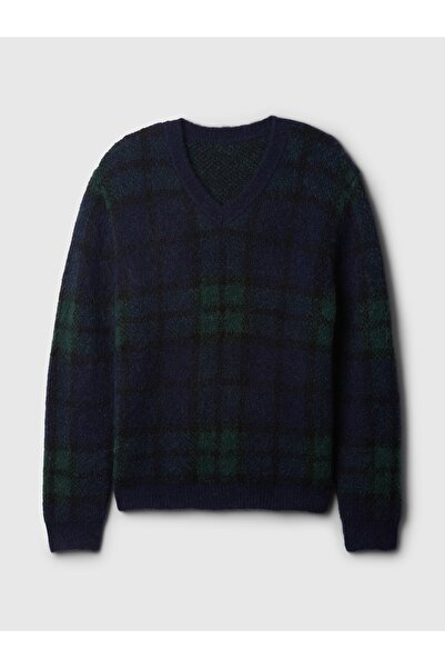 GAP Erkek Koyu Mavi Ekose V Yaka Kazak