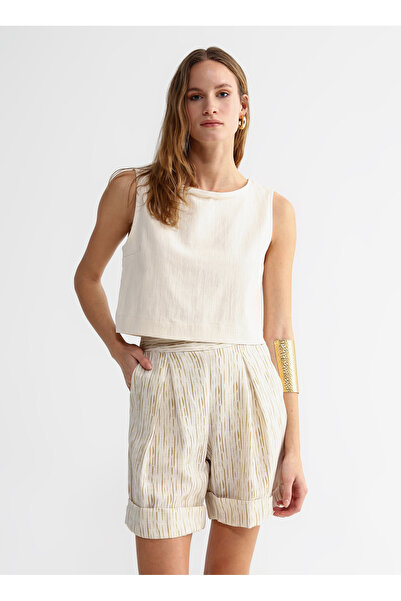 FABRIKA COMFORT Bej Kadın Yüksek Belli Basic Desenli Keten Şort CM-ZETA