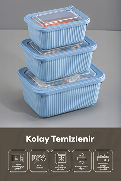 Vienev Blue 3X (1750,1050,600ml) Vip Rectangular Microwave and Difuzed Suitable Storage Container Set