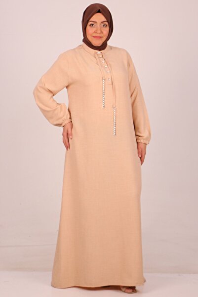 Eslina F-42010 Φόρεμα με κουμπιά από λινό αιρομπίν μεγάλου μεγέθους-μπεζ