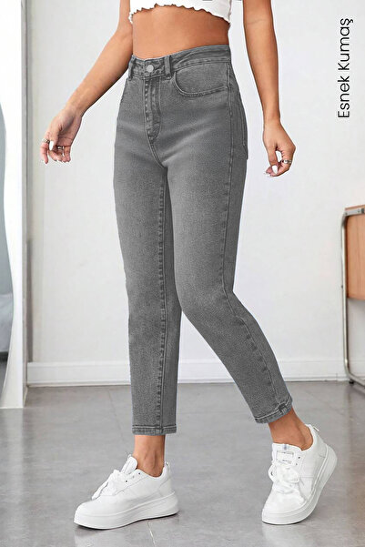 CEDY DENIM Mom Fit Jean Yüksek Bel Boyfriend Kesim Likralı Asit Gri Kadın Kot...