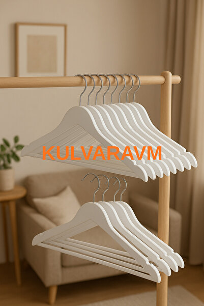 KULVARAVM 12 Adet Ahşap Beyaz Elbise Askısı