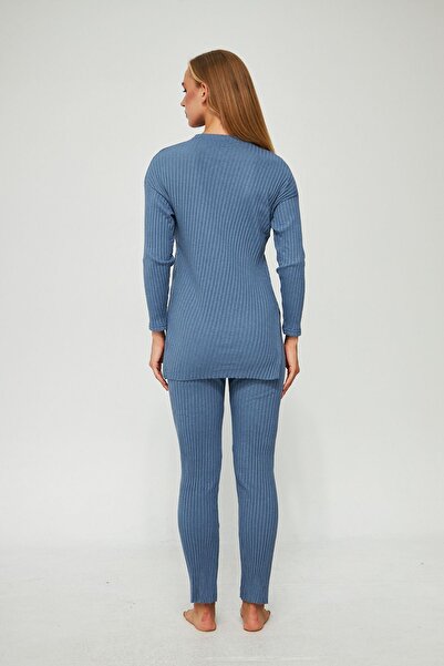 Oyga Women's Indigo Women's Ribbed Report & Tracksuit, Casual Home Wear Pajamas Set