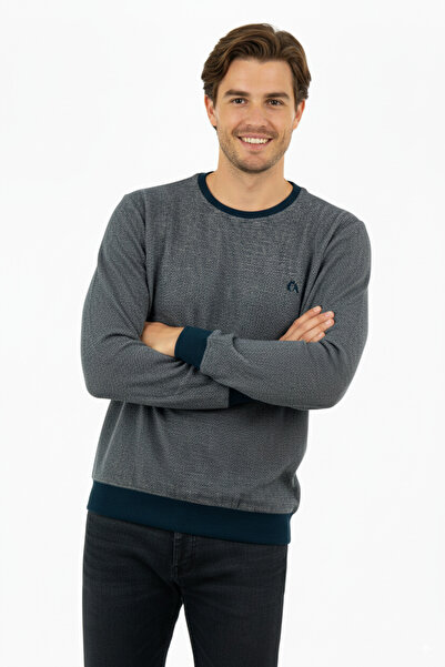 Oppland Мъжки зимен памучно-тъкан пуловер с кръгло деколте и бродирани дълги ръкави