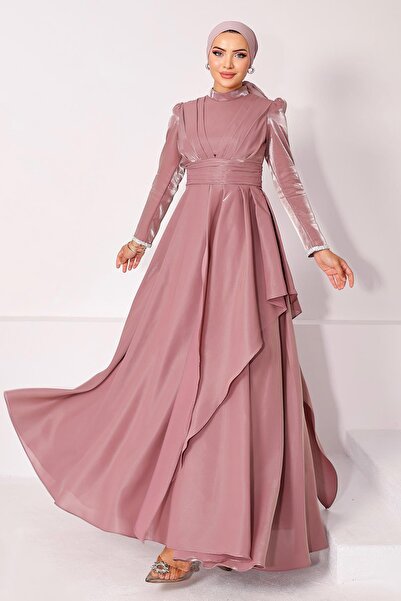 Olcay Taft Satin Hijab Evening Dress with Stone Embroidered Pleats and Flywheel Detail Gül 1215