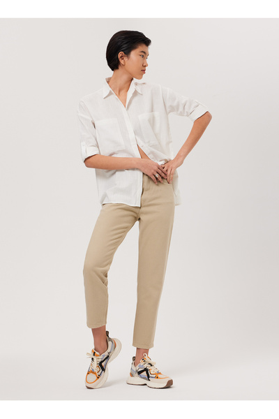 Lee Cooper Regular Fit Klasik Yaka Düz Bej Kadın Gömlek 232 LCF 241001 MINDY BEJ