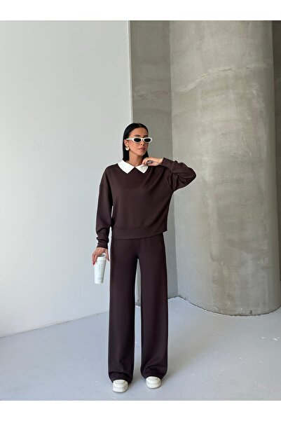 moda paketi Дамски панталони с широки крачоли и бяла блуза с плетен яка - мека модална материя