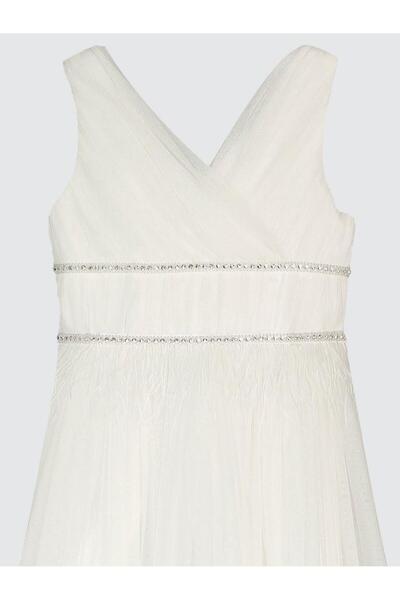 Civil Girls Beli Taşlı Tüylü 6-14 Yaş Abiye - Beyaz 12-13 Yaş