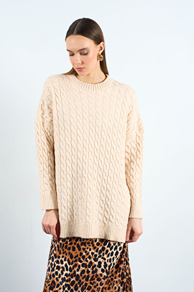 Lupies Women's Vanilla Crew Neck Slit Hair Knit Oversize Sweater