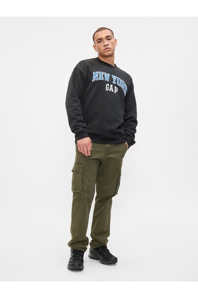 GAP Erkek Siyah Logo Grafikli Relaxed Fleece Sweatshirt