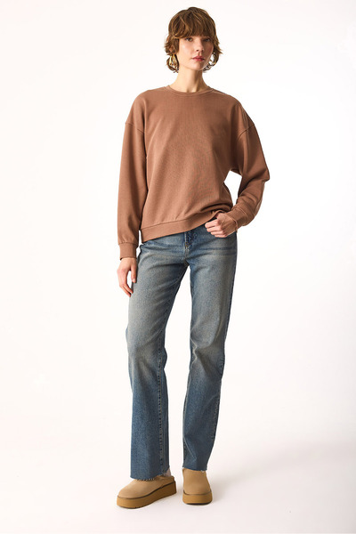 VENA Rhona Crew Neck Regular Fit 3 Thread Sweatshirt-Brown