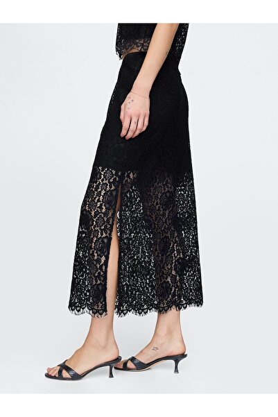 GAP Kadın Siyah Dantel İşlemeli Midi Etek