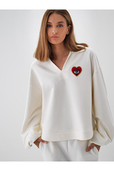 Xint Kadın Ekru Pamuklu Baskılı Sweatshirt