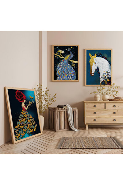 Zevahir Mobilya Dekorasyon Set de trei tablouri din lemn cu figuri de animale...