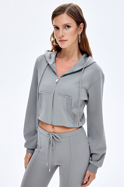 Quzu Hooded Zippered Basic Sweatshirt Gray
