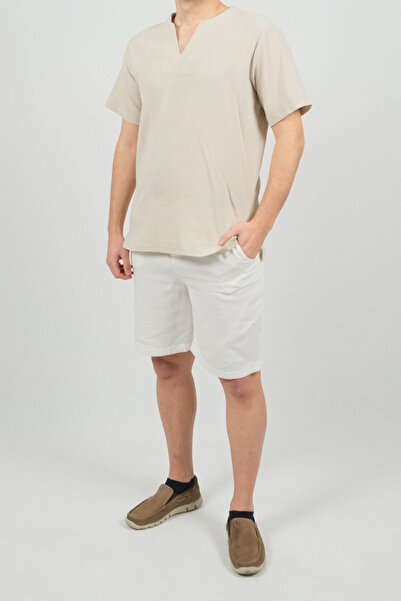 SİDE OTANTİK Men's Gabardine Bermuda White Shorts – Regular Fit, Elastic Waistband with Laces, Side Pockets