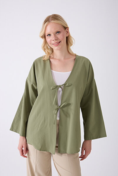 fumel women's clothing Khaki Kimono Tunic with Front Bag