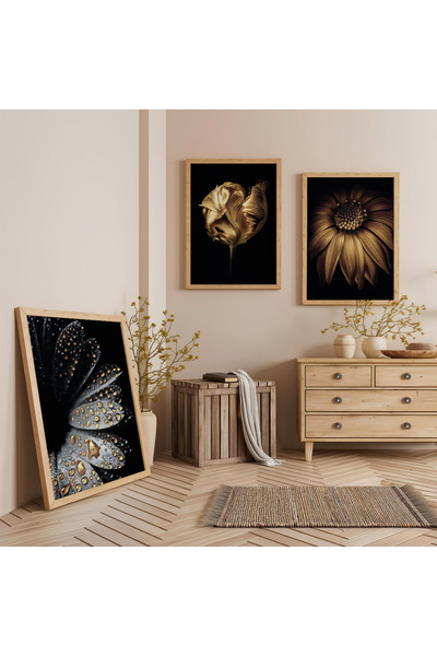 Zevahir Mobilya Dekorasyon Set de pictură triplă din lemn cu flori în rame di...