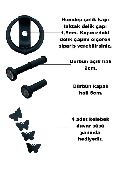 HOMDEP Dürbünlü Çelik Kapı Halka Model Taktak Tokmağı Delik Çapı 1,5cm Renk: Siyah