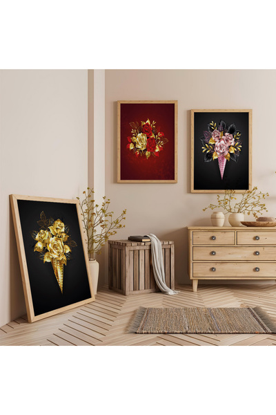 Zevahir Mobilya Dekorasyon Set de pictură triplă din lemn cu flori colorate î...