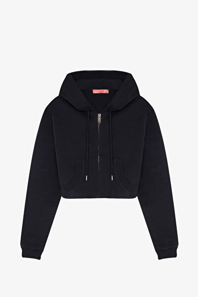 Quzu Hooded Zippered Basic Sweatshirt Navy Blue