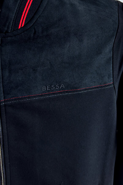 BESSA Black College Collar Tracksuit Set with Suede Detail Seasonal Fabric Zippered Pocket Men's