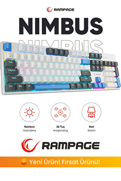 Rampage KB-MK2 Nimbus Red Switch Rainbow Aydınlatmalı Anti-Ghosting Mekanik Klavye Gaming Oyuncu Klavyesi