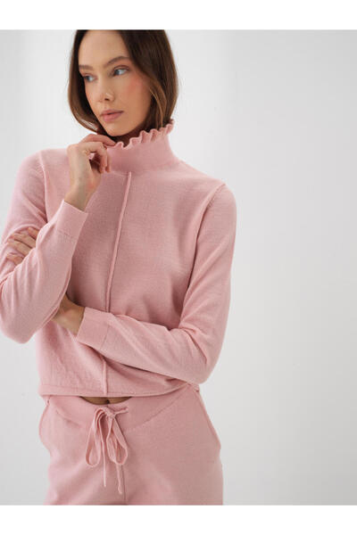 Xint Kadın Pembe Yünlü Balıkçı Yaka Düz Kazak