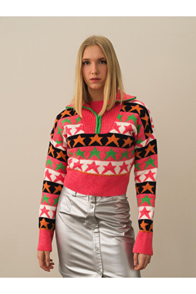 Xint Kadın Pembe Oversize Desenli Kazak