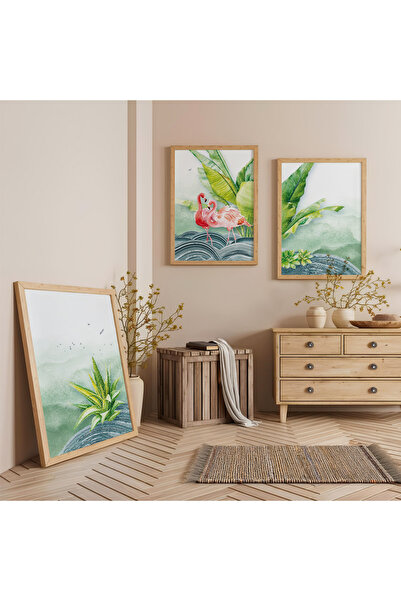 Zevahir Mobilya Dekorasyon Set de pictură triplă din lemn cu flamingo cu rame...