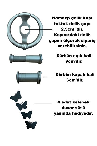 HOMDEP Dürbünlü Çelik Kapı Halka Model Taktak Tokmağı Delik Çapı 2,5cm Renk: Saten