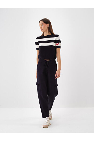 Xint Kadın Lacivert Yünlü Çizgili Kazak