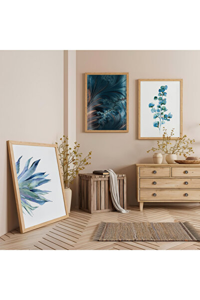 Zevahir Mobilya Dekorasyon Σετ Τριπλό Ξύλινο Πίνακα Μπλε Φυτό με Ξύλινο Πλαίσιο