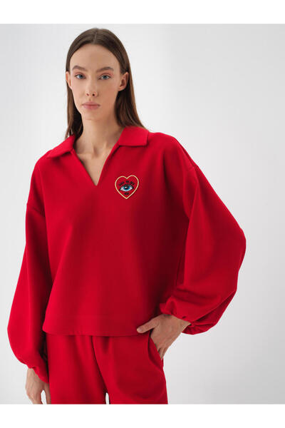 Xint Kadın Kırmızı Pamuklu Baskılı Sweatshirt