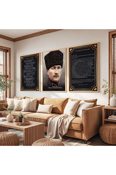 Zevahir Mobilya Dekorasyon Ahşap Çerçeveli Atatürk İstiklal Marşı Ve Gençliğe Hitabe Üçlü Ahşap Tablo Seti