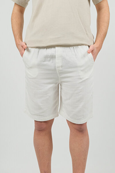 SİDE OTANTİK Men's Gabardine Bermuda White Shorts – Regular Fit, Elastic Waistband with Laces, Side Pockets