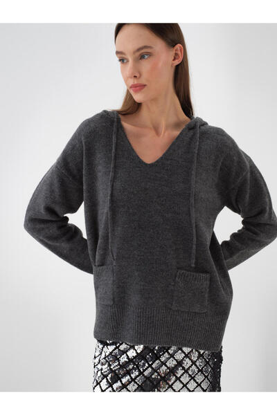 Xint Kadın Antrasıt Mohair Kapüşonlu Kazak