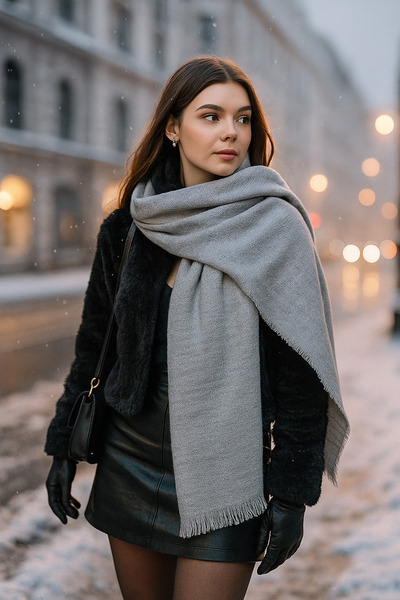 Luminos Butik Unisex Gray Soft Textured Thick Scarf - Shawl 70x180 Cm Sal1206